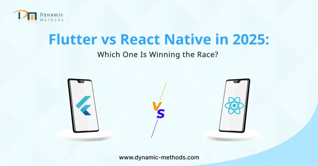 Illustration of Flutter vs React Native comparison in 2025 with smartphones and logos on display platforms