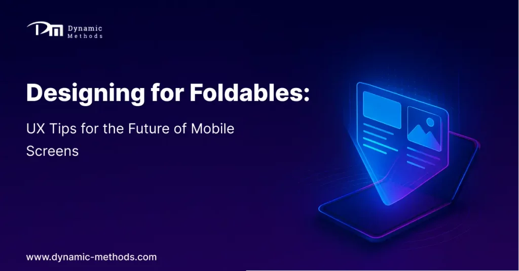 Foldable mobile device illustration with floating UX elements and title Designing for Foldables: UX Tips for the Future of Mobile Screens