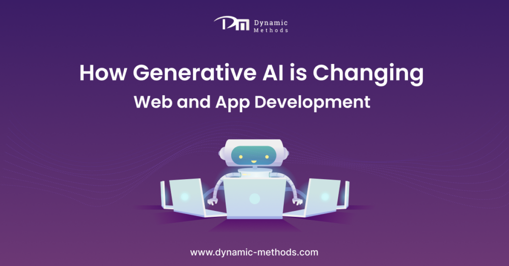 Robot with laptops showing how Generative AI is changing web and app development.