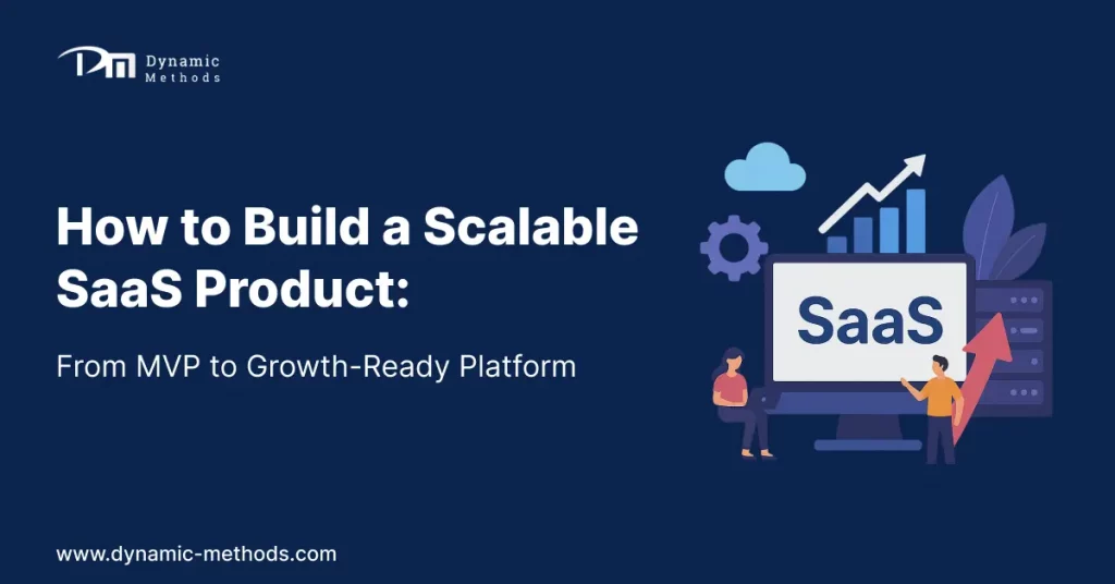 Illustration of SaaS product growth with graph and developers – Guide on building a scalable SaaS platform from MVP to a full-fledged solution