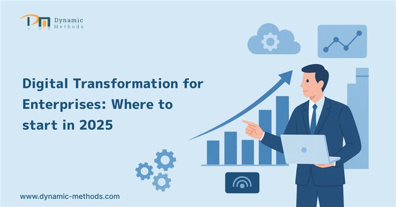 Business professional with laptop presenting digital growth strategy for enterprises in 2025, featuring graphs, cloud technology, and transformation icons.