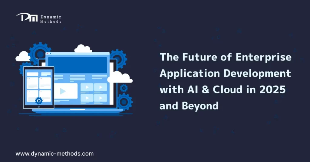 Illustration of laptop and tablet with gears representing digital innovation, showcasing the future of enterprise application development with AI and cloud in 2025 and beyond.