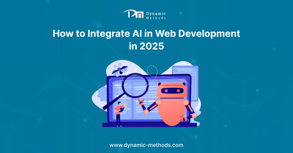 Illustration of AI integration in web development with a robot and magnifying glass on a computer screen.