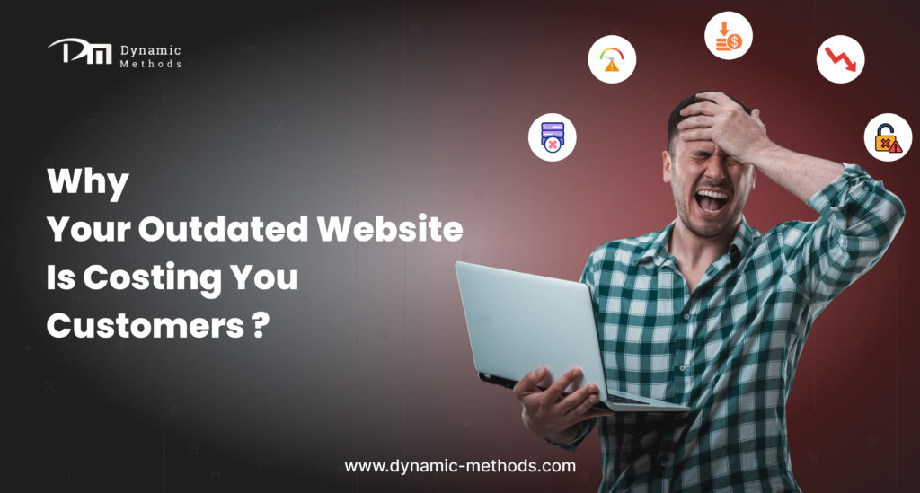 Man frustrated while using laptop representing how outdated website design is costing customers and affecting business growth – Dynamic Methods