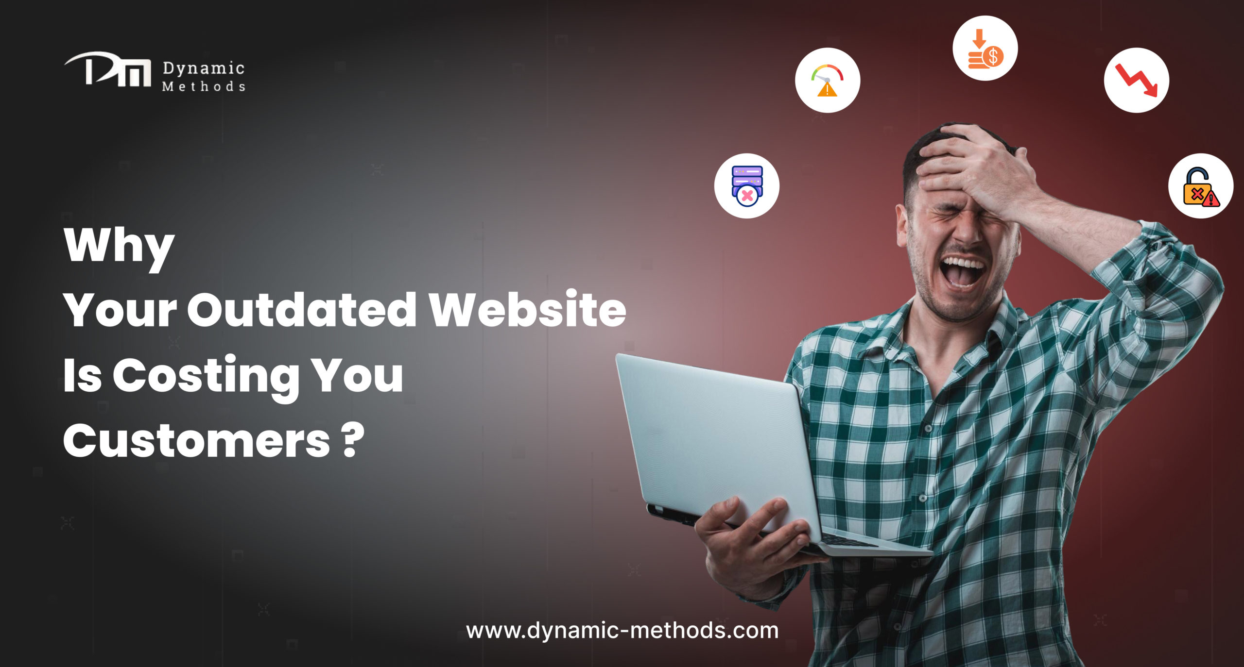 Man frustrated while using laptop representing how outdated website design is costing customers and affecting business growth – Dynamic Methods