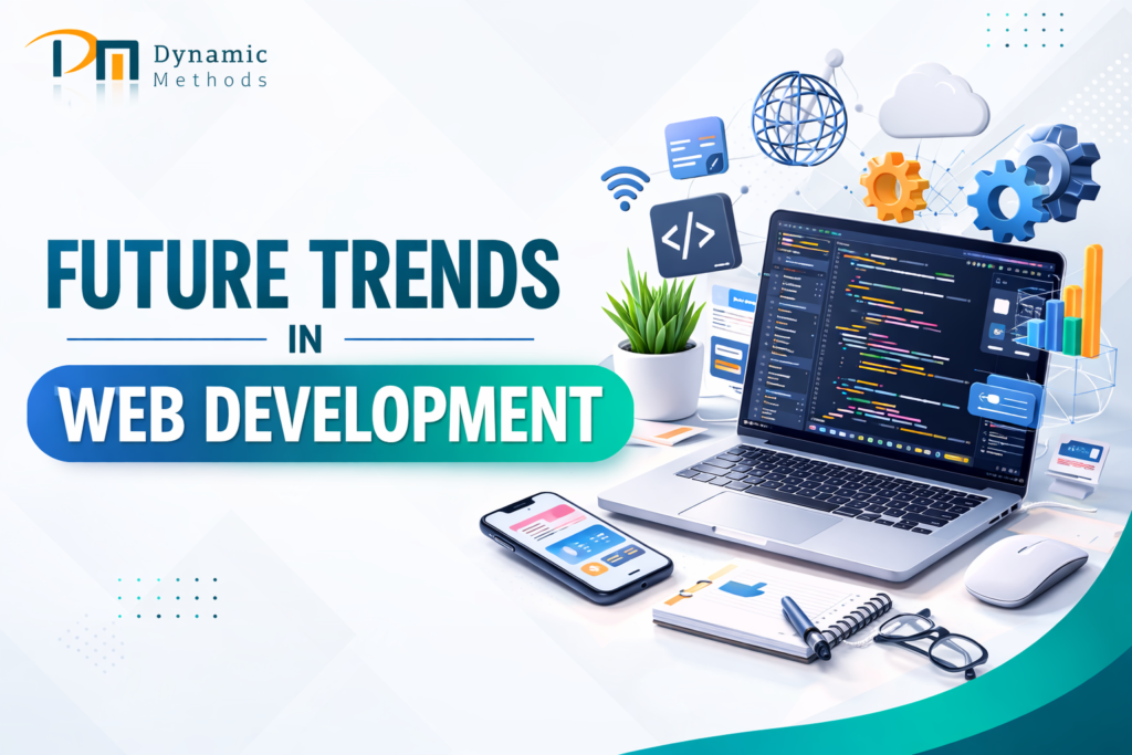 Future trends in web development illustration showing laptop with coding interface, mobile app screens, cloud, AI, and tech icons representing modern web development technologies.