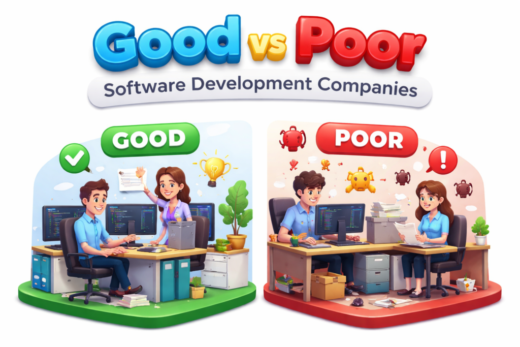 3D illustration showing the difference between good and poor software development companies, with a productive team working efficiently on the left and a disorganized team facing errors and issues on the right.