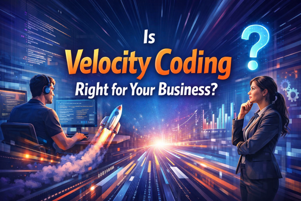 Velocity Coding concept showing developer coding fast with rocket launch and businesswoman analyzing growth data for business decision