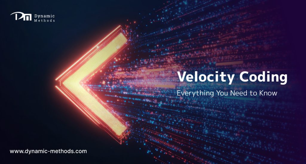 Neon arrow representing speed and digital flow with “Velocity Coding – Everything You Need to Know” text and Dynamic Methods branding