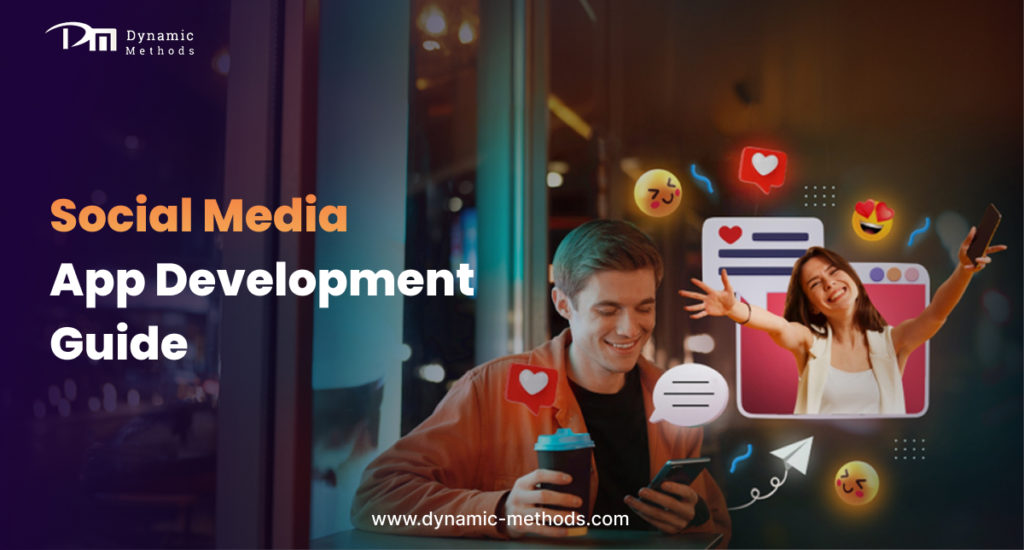 Social media app development guide showing people using mobile apps with icons like likes, comments, and notifications.