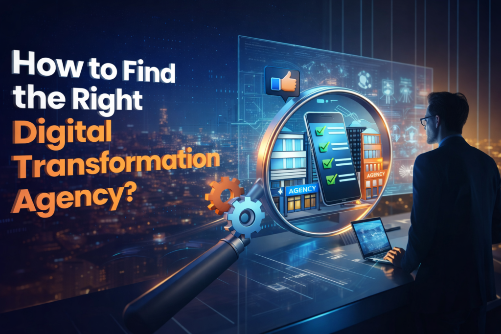 Business professional using a digital interface and magnifying glass to evaluate and choose the right digital transformation agency