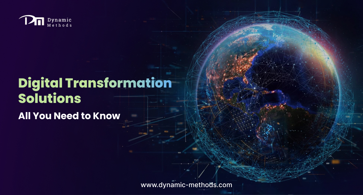 Digital transformation solutions concept showing global technology network and innovation for modern businesses