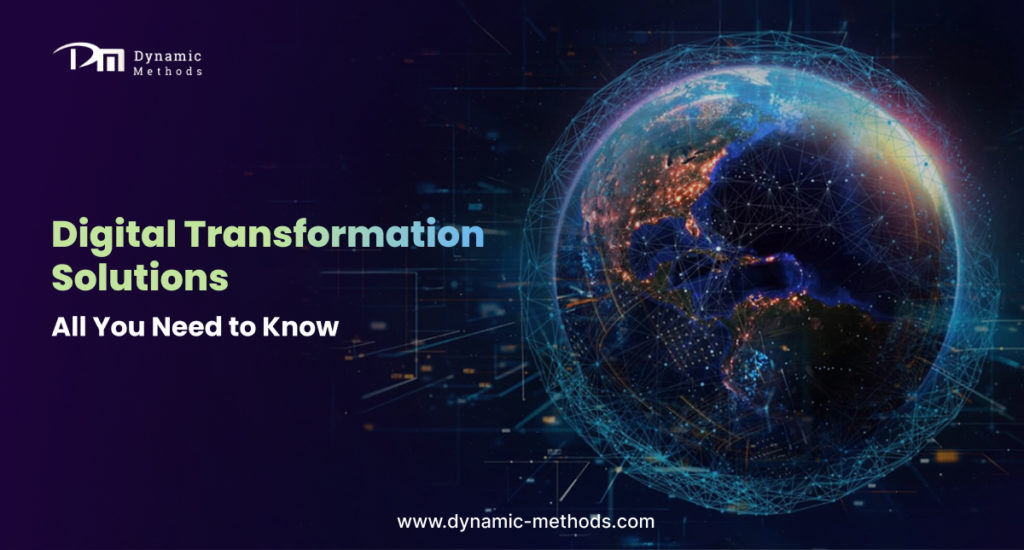 Digital transformation solutions concept showing global technology network and innovation for modern businesses