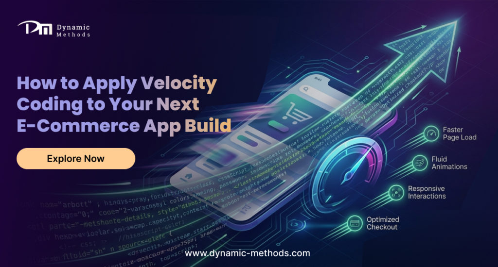 How to Apply Velocity Coding to Your Next E-Commerce App Build banner with mobile app UI, analytics icons, and growth arrow