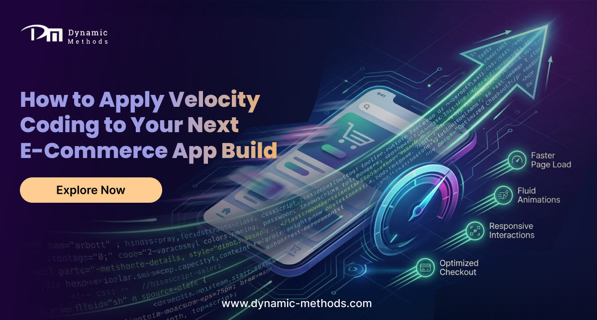 How to Apply Velocity Coding to Your Next E-Commerce App Build banner with mobile app UI, analytics icons, and growth arrow