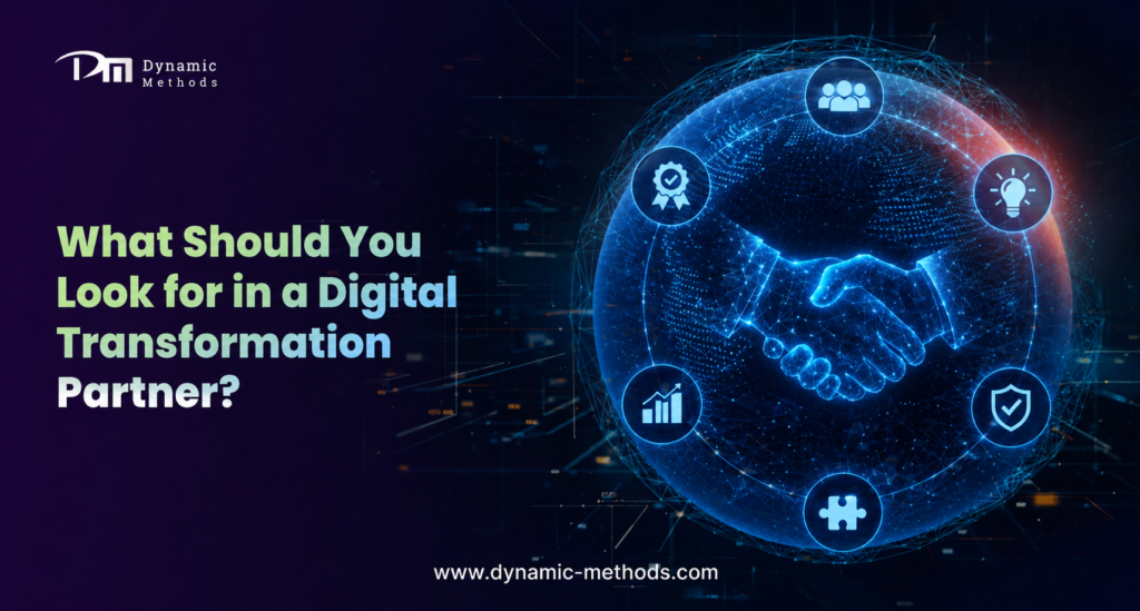What should you look for in a digital transformation partner showing handshake, global network, and business technology icons