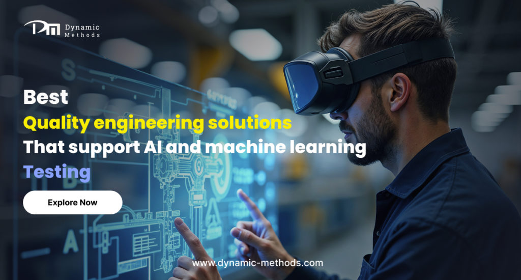 Man using VR headset interacting with digital interface for AI and machine learning quality engineering testing solutions
